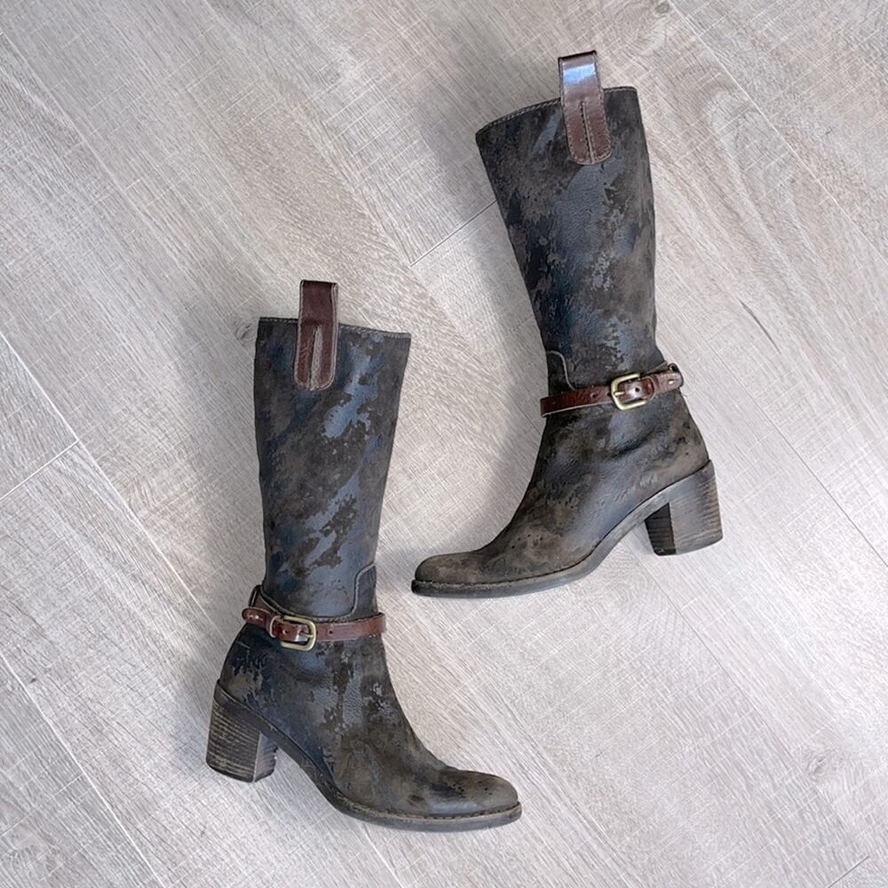 HENRY BEGUELIN Brown Distressed Leather Stacked Heel Boot Women Size 36.5 or 6.5